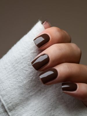 Hand mit UV Gel Wraps Mocha – dunkelbraune Nägel im Kaffeeton.