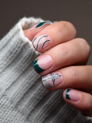 Wrapped in Glam UV Gel Wraps – festliches Nageldesign in Grün, Rosé und Silberglitter mit feinen Geschenkband-Details.