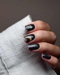 Cosmic Wave Nailpolish Wraps – schwarze Glitzer-Nagelfolien mit holografischem Schimmer, galaktischer Look von Die Nageltante