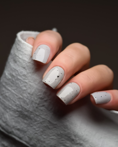 Graphite Dust – UV Gel Wraps in Grau mit schwarzen Sprenkeln.