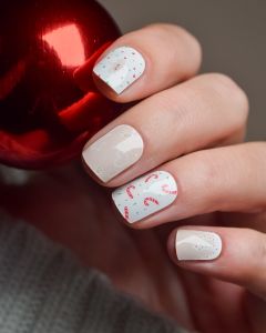 Holiday Treats UV Gel Wraps – festliches Design mit Zuckerstangen, Lebkuchen und bunten Streuseln auf Nude-Basis.