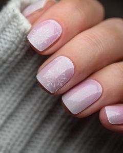 Rosy Christmas UV Gel Wraps – zartes Rosé-Weiß-Ombre mit feinen Schneeflocken und subtil schimmerndem Glanz.