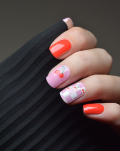 UV Gel Wrap Design „Cherry Kisses“ in Kirschrot und Rosa mit Kirschen-Motiven auf kurzen Nägeln